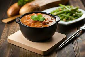 a bowl of soup with a green bean and a spoon on a wooden table. AI-Generated photo
