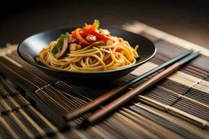 chopsticks and noodles on a bamboo mat. AI-Generated photo