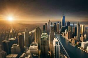the sun rises over a city skyline with tall buildings. AI-Generated photo