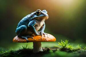 a frog sits on top of a mushroom in the forest. AI-Generated photo