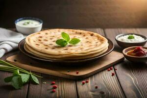 indian flatbreads on a wooden table. AI-Generated photo