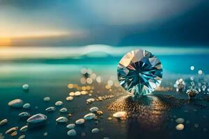 a diamond on the beach with water droplets. AI-Generated photo