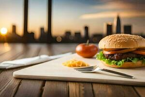 a hamburger on a cutting board with a city view. AI-Generated photo