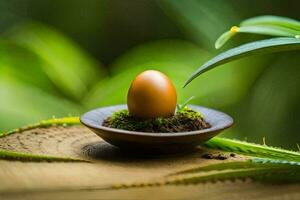 a golden egg in a bowl of moss. AI-Generated photo