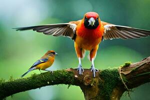 a colorful bird is standing on a branch. AI-Generated photo