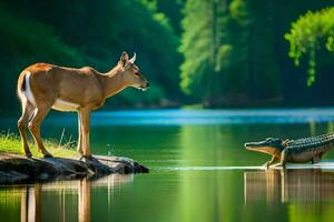un ciervo y un caimán en pie en el agua. generado por ai foto