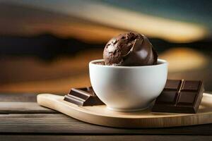 chocolate ice cream in a cup with chocolate pieces on a wooden table. AI-Generated photo