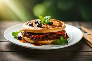 a hamburger with blueberries and sauce on a plate. AI-Generated photo