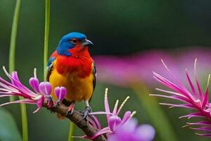 a colorful bird sits on a branch with purple flowers. AI-Generated photo