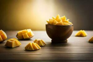 mango slices in a wooden bowl on a table. AI-Generated photo