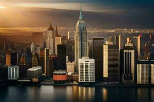 el Manhattan horizonte a puesta de sol. generado por ai foto