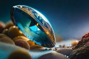 a glass eye with a blue and green design on it. AI-Generated photo