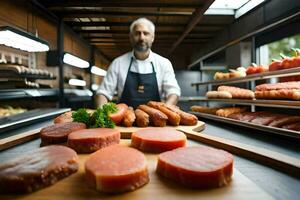 a man is standing in front of a display of meat. AI-Generated photo