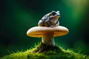 a frog sitting on top of a mushroom. AI-Generated photo