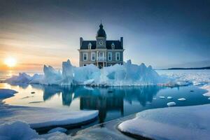a house sits on top of an iceberg in the middle of the ocean. AI-Generated photo