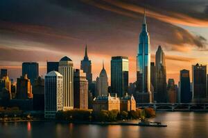 the city skyline at sunset with clouds in the sky. AI-Generated photo