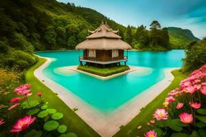 a small hut sits on the edge of a lake surrounded by pink flowers. AI-Generated photo