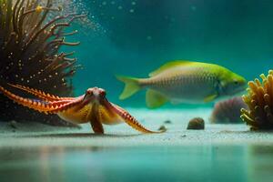 photo wallpaper sea, fish, coral, octopus, sea life, underwater, underwater wallpaper,. AI-Generated