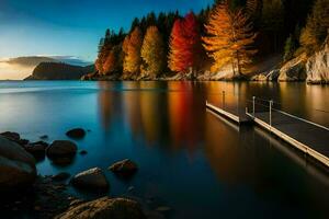 un muelle en el agua con vistoso arboles generado por ai foto