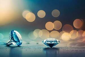 two diamond rings on a table with bokeh lights. AI-Generated photo