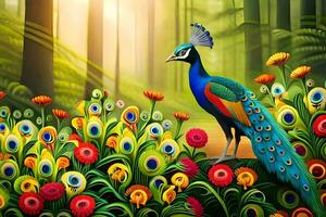 a colorful peacock stands in a forest surrounded by flowers. AI-Generated photo