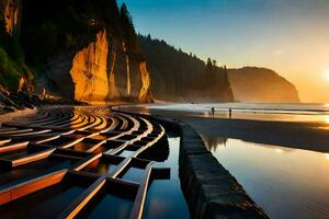 a beach with a row of wooden benches. AI-Generated photo
