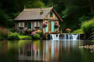a small cottage sits on the edge of a pond with a waterfall. AI-Generated photo