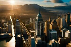 un paisaje urbano con alto edificios y un montaña en el antecedentes. generado por ai foto