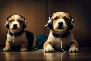 dos perros vistiendo auriculares y sentado en un de madera piso. generado por ai foto