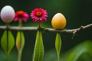 Tres huevos en un rama con un flor. generado por ai foto