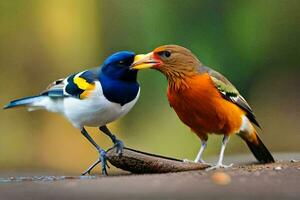 dos aves son en pie en el suelo con su picos abierto. generado por ai foto