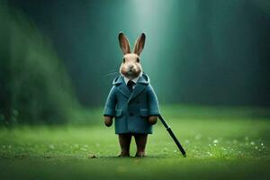 a rabbit in a blue coat and tie stands in the grass. AI-Generated photo