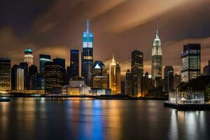 el nuevo York horizonte a noche. generado por ai foto