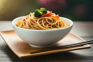 a bowl of noodles with broccoli and carrots on a wooden table. AI-Generated photo