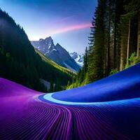 purple and blue mountains and a road. AI-Generated photo