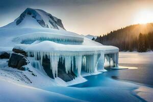 winter landscape with frozen water and icicles in the mountains. AI-Generated photo