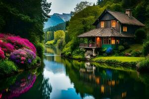 a house sits on the side of a river with flowers. AI-Generated photo