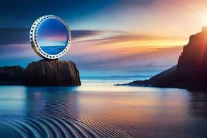 a circular mirror is sitting on top of a rock in the ocean. AI-Generated photo