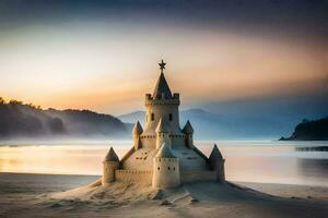 a sand castle on the beach at sunset. AI-Generated photo