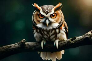 an owl sitting on a branch with a dark background. AI-Generated photo