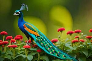 a colorful peacock is standing on top of some flowers. AI-Generated photo