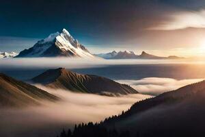 photo wallpaper mountains, the sun, fog, clouds, mountains, fog, the sun, mountains. AI-Generated