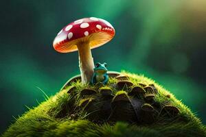 a small frog sits on top of a mushroom. AI-Generated photo