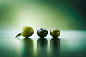Tres verde aceitunas en un mesa. generado por ai foto