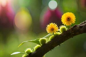 two yellow flowers are on a branch. AI-Generated photo