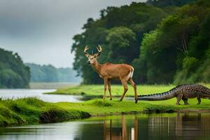 a deer and an alligator standing on the shore of a river. AI-Generated photo