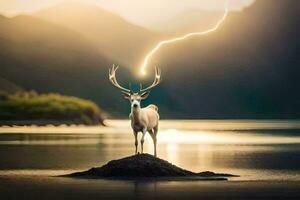 a deer stands on a rock in front of a lake with lightning. AI-Generated photo