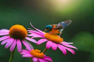 un pequeño pájaro es encaramado en un flor. generado por ai foto