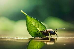 un abeja en un hoja con agua y verde antecedentes. generado por ai foto