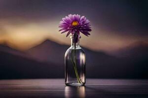 purple flower in a bottle on a table. AI-Generated photo